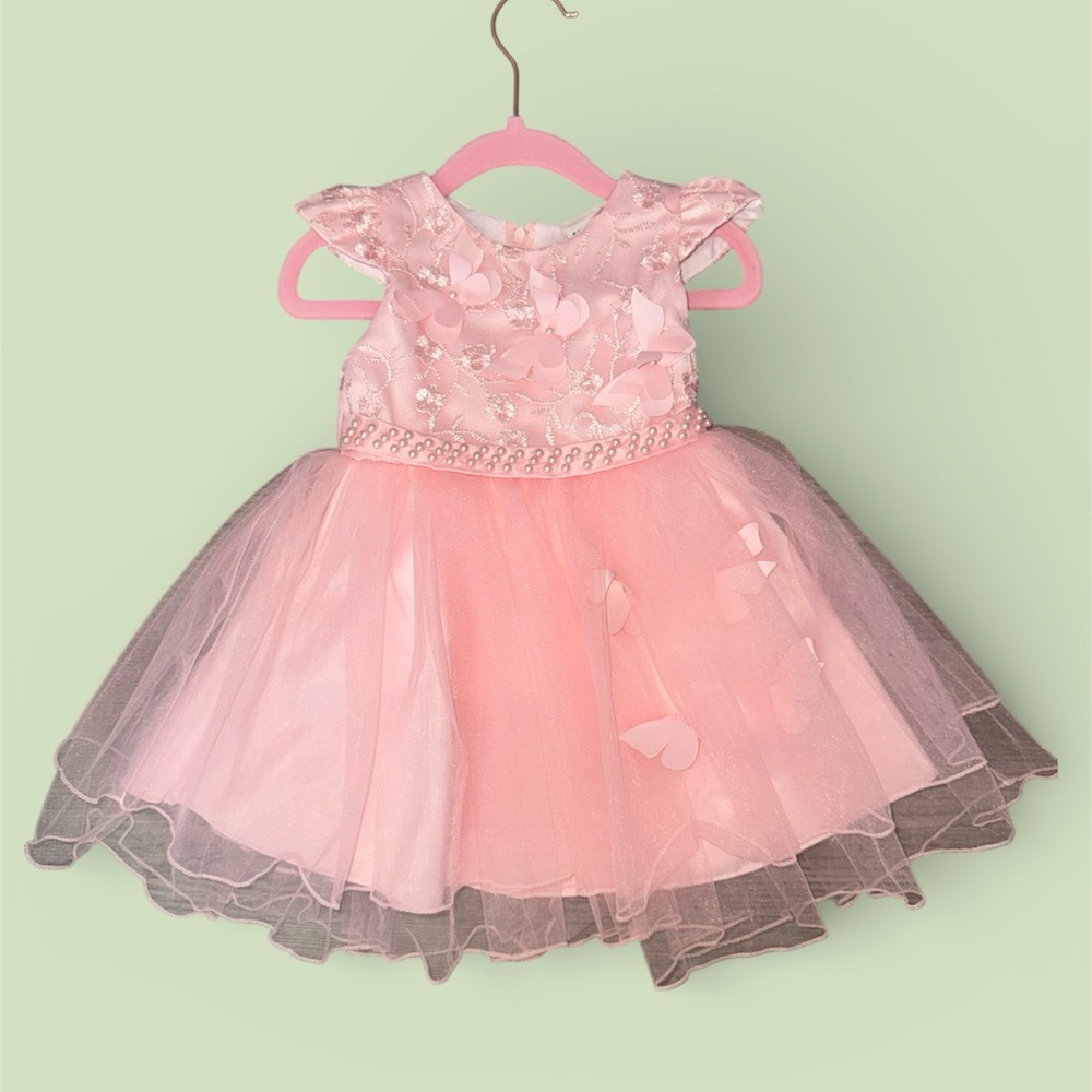 Pageant Pink Tulle Dress with Butterfly Floral Accents